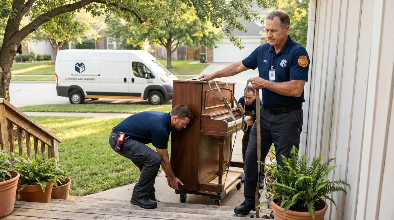 Licensed piano movers securing grand piano in Charlemont, MA