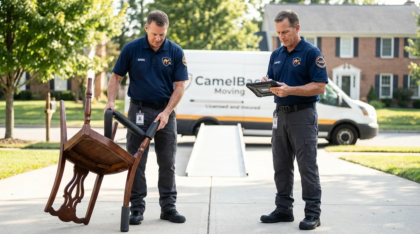 Movers inspecting furniture for damage prevention before loading in Charlemont, MA