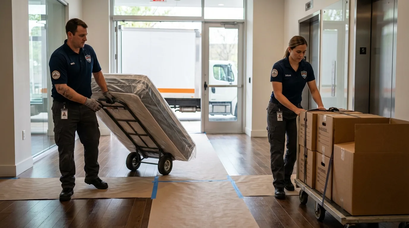 Professional apartment movers loading elevator in Charlemont, MA
